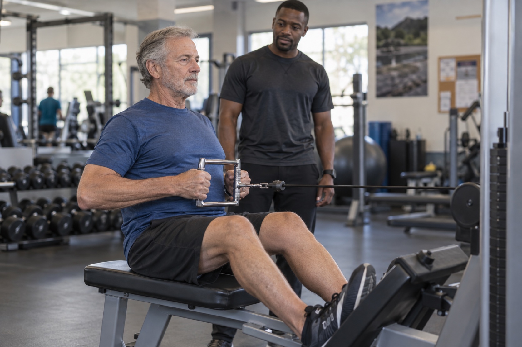 An older man performs a controlled cable row in a community gym.