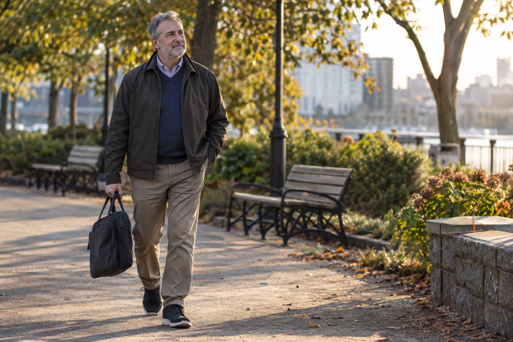 A middle-aged man walks through a neighborhood park.