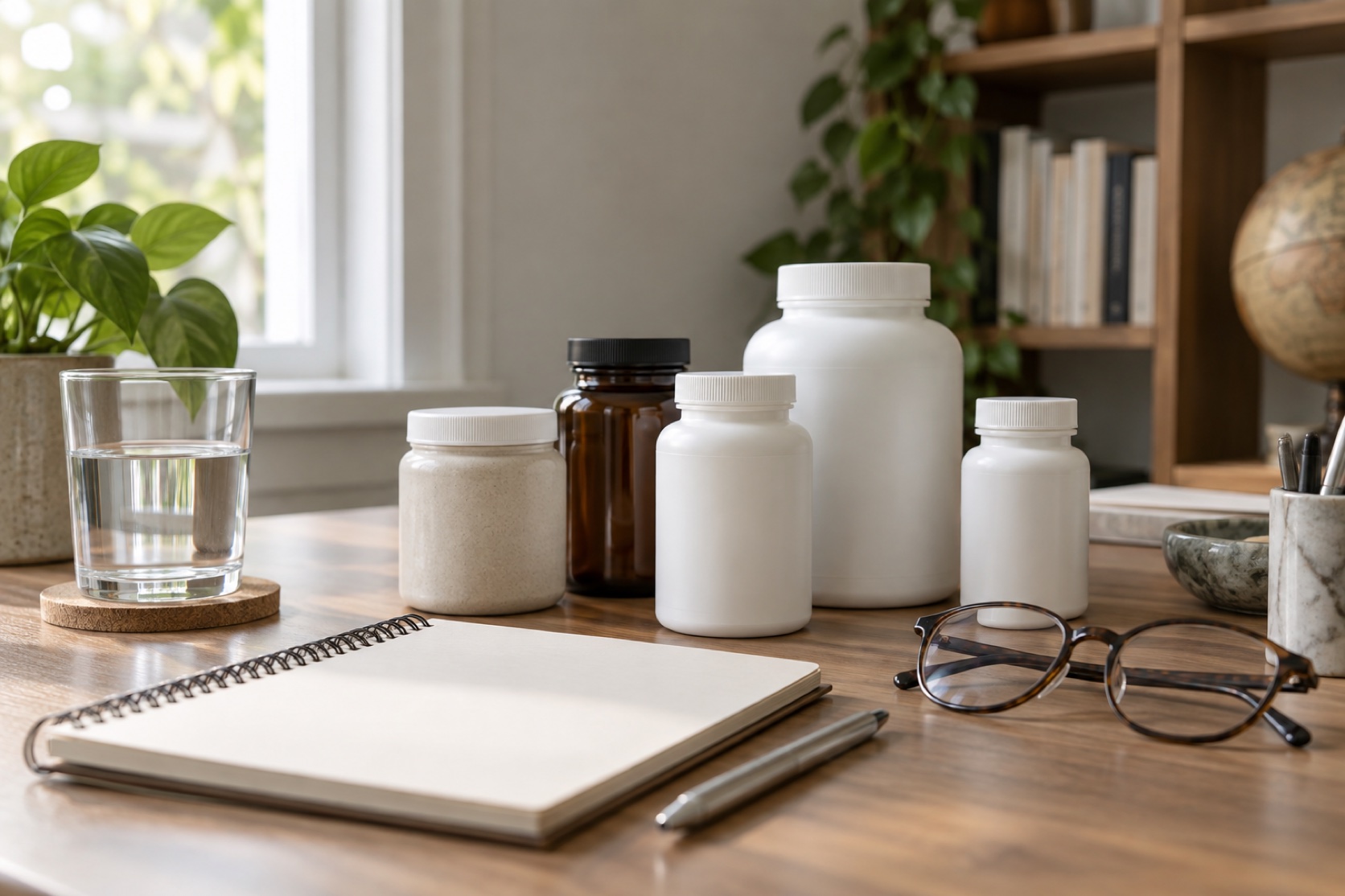 Unbranded blank supplement containers sit beside a notebook and reading glasses.