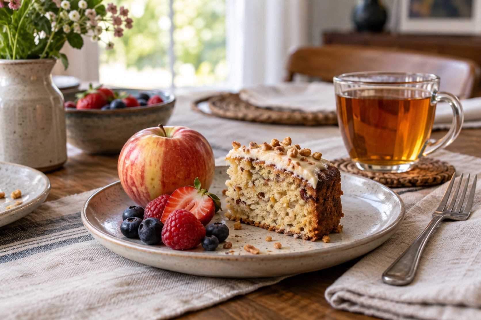 A small slice of cake, whole fruit, and unsweetened tea sit on a home table.