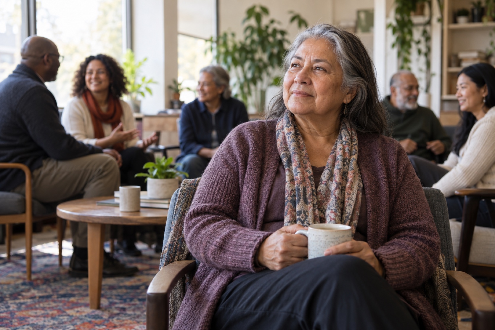 An older woman sits with others in a quiet community gathering space.