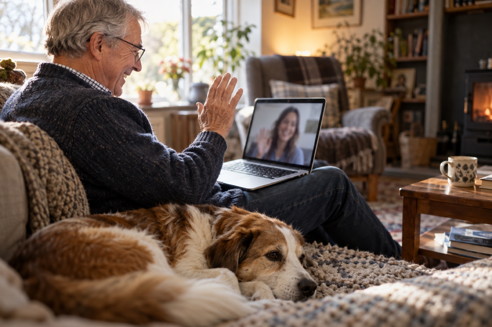 An older man video-calls a friend while a relaxed dog rests nearby.