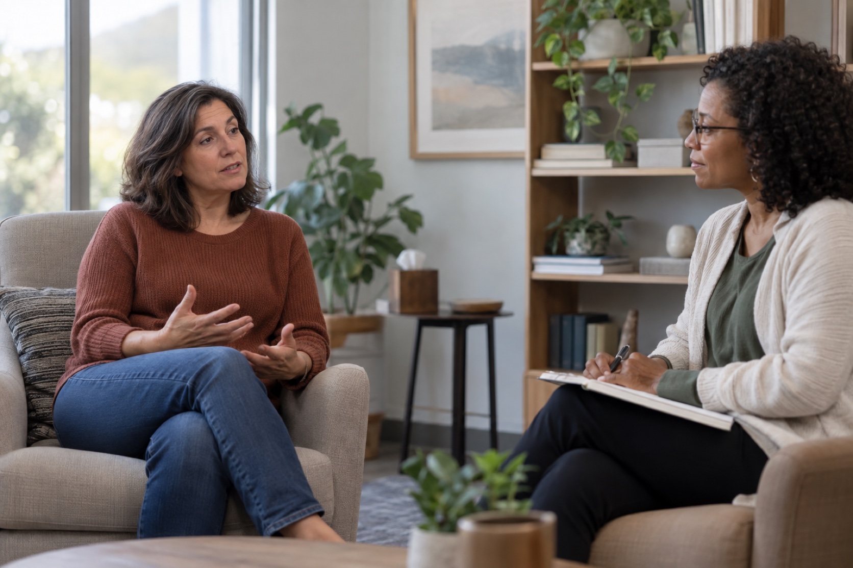 A woman speaks privately with a counselor in a calm office.