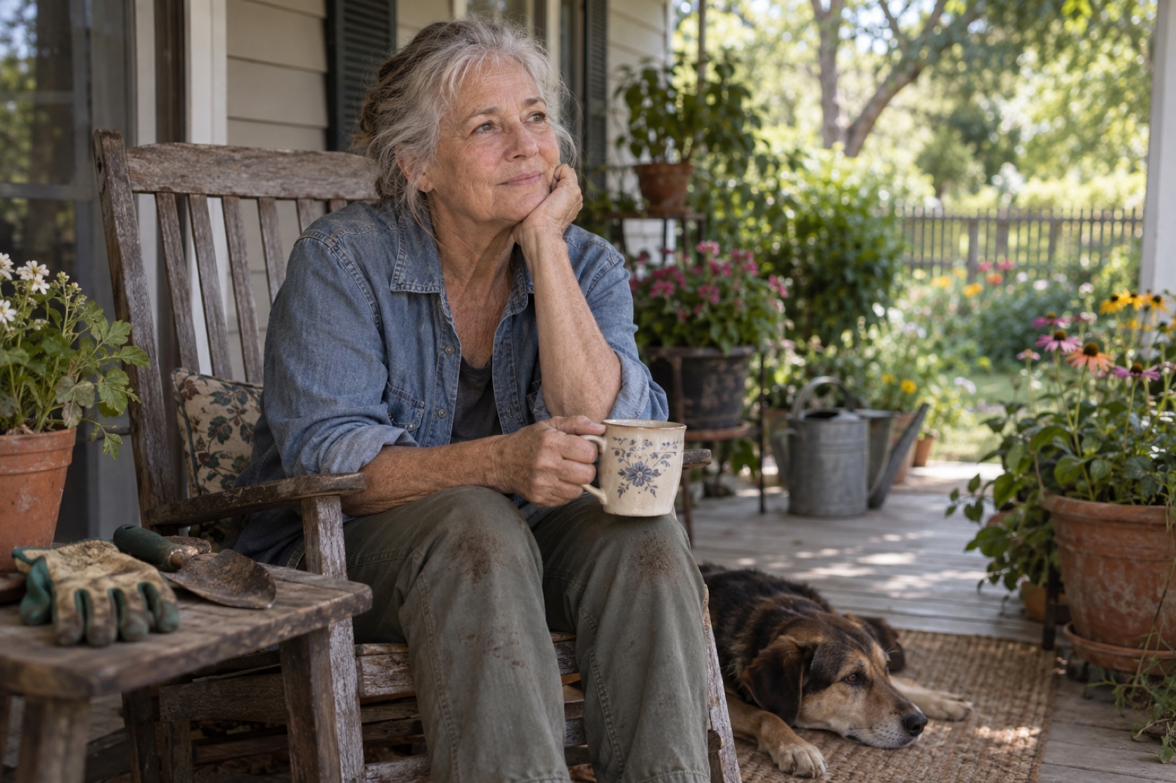 An older adult sits on a shaded porch with tea after gardening.