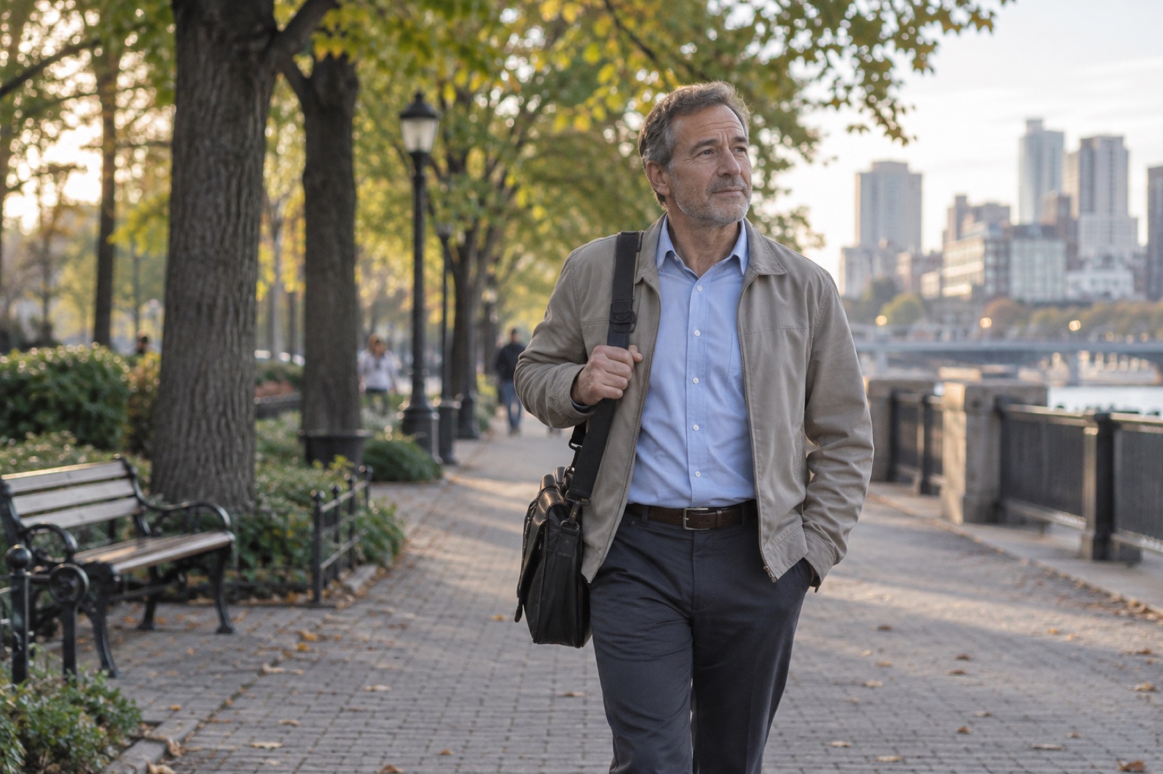 A man takes a quiet walk along a tree-lined path.
