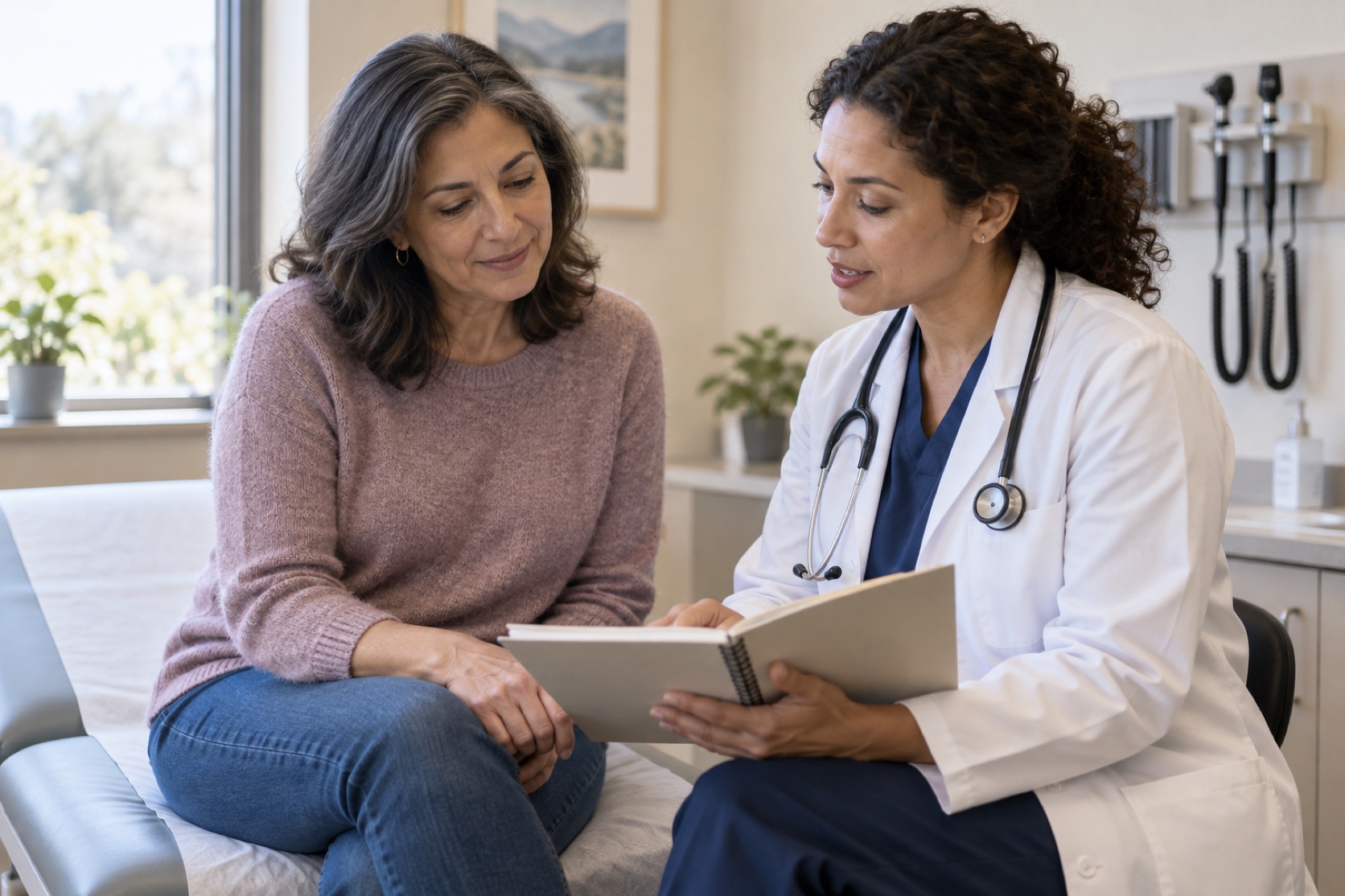 A woman reviews an appointment notebook with a clinician.