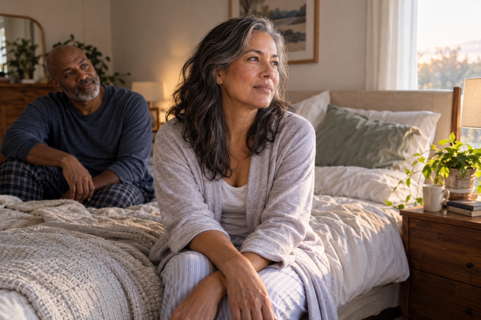 A woman sits quietly in a bedroom in the morning while a companion offers support.