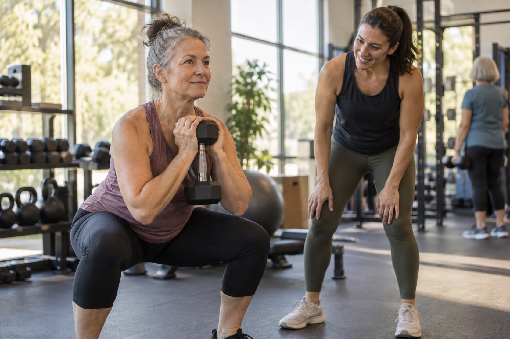 A woman performs a moderate dumbbell exercise in a community gym.
