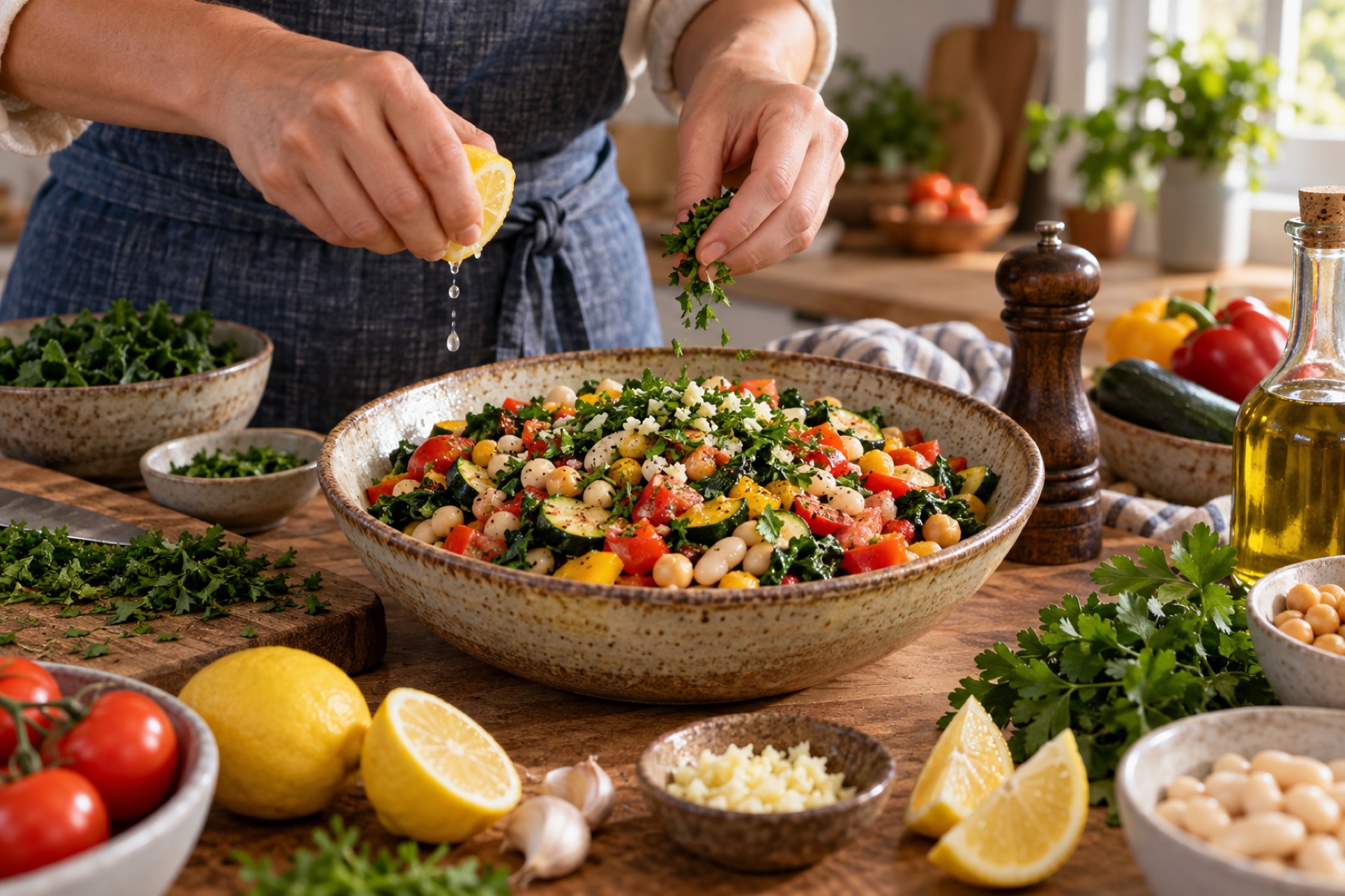A home cook adds herbs, lemon, garlic, and oil to a vegetable dish.
