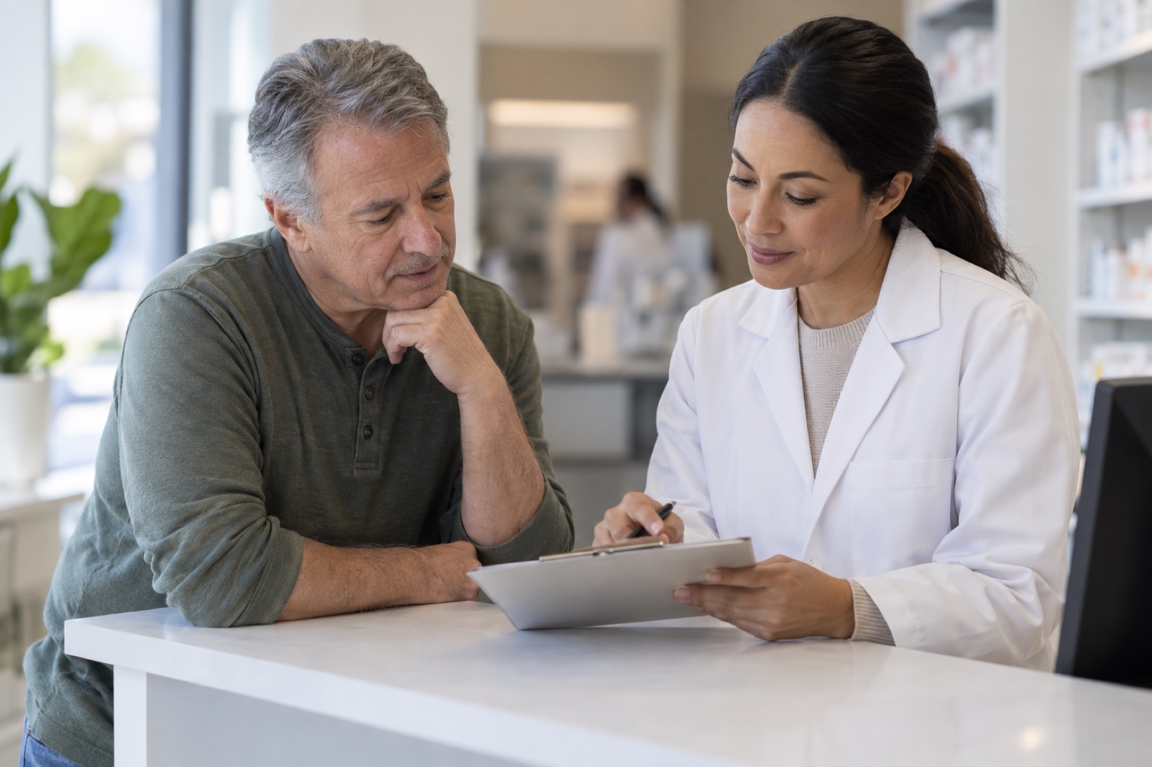 A patient and pharmacist review a blank medication list together.