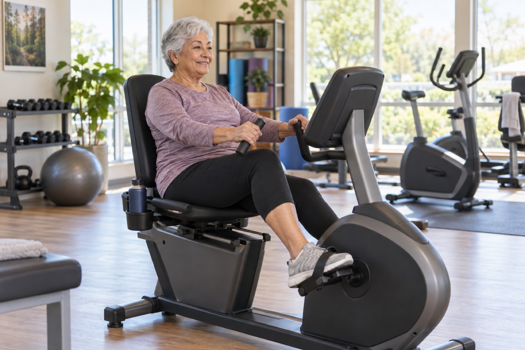 An older adult uses a recumbent stationary bike in a bright fitness room.