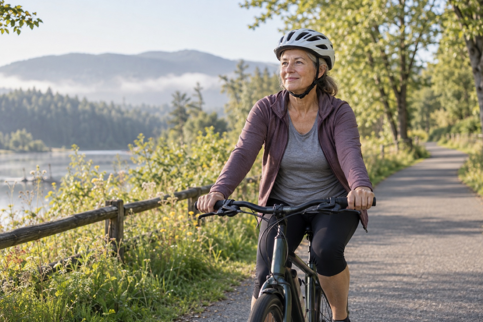 A woman cycles at a steady pace on a quiet paved path.