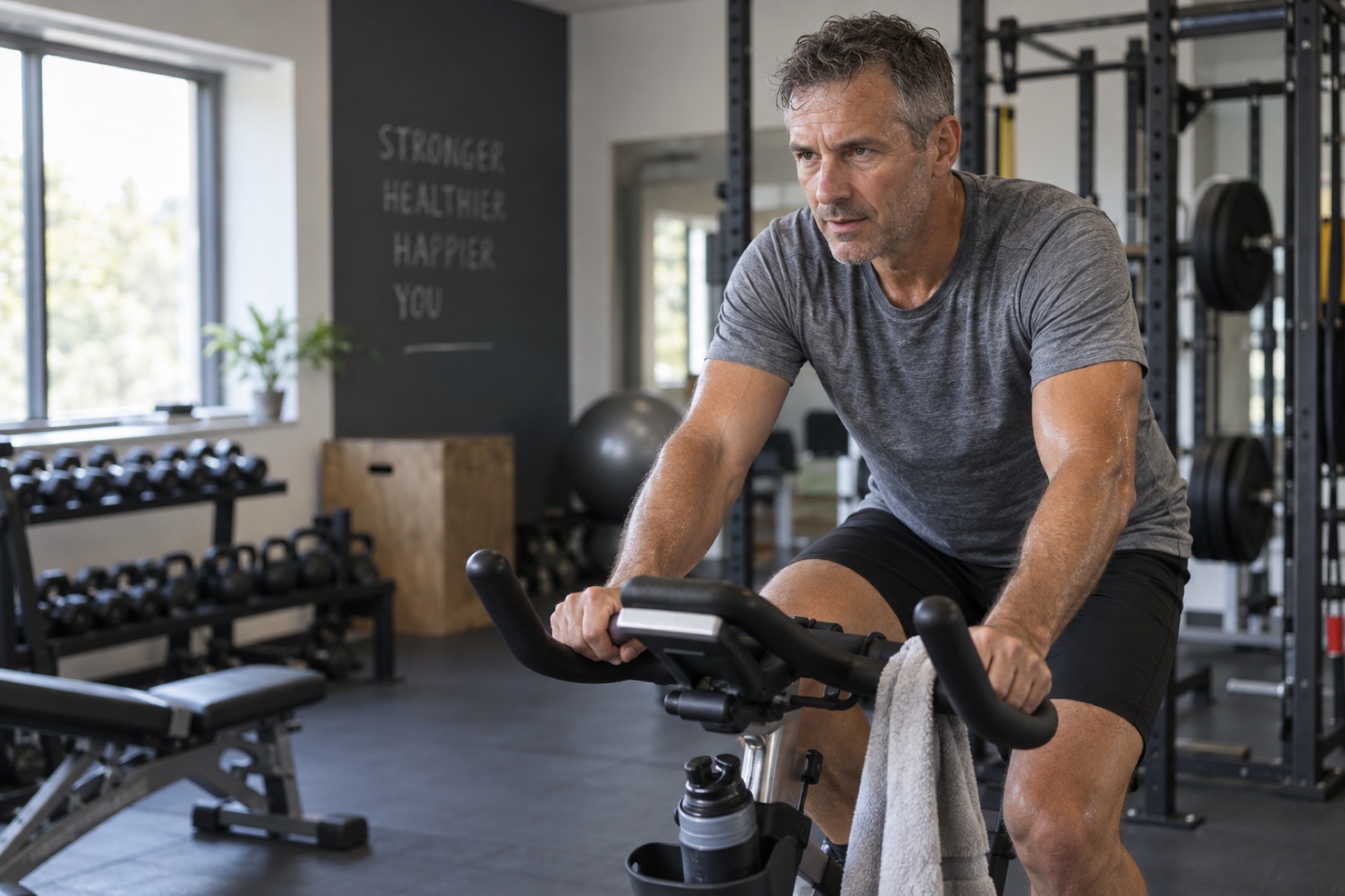 A recreational cyclist pedals at a controlled effort on an indoor stationary bike.