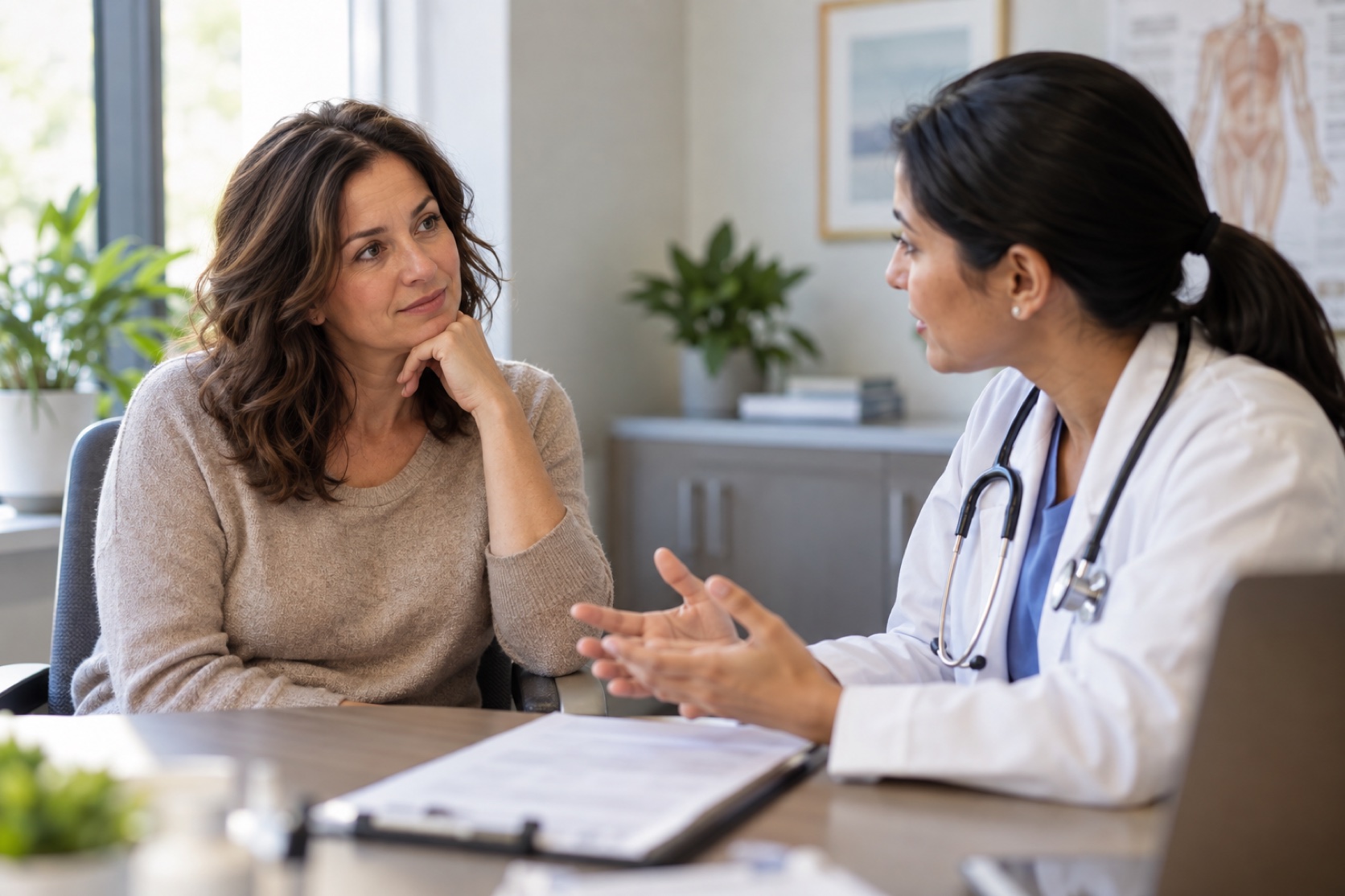 A woman discusses a blurred health form with a clinician.