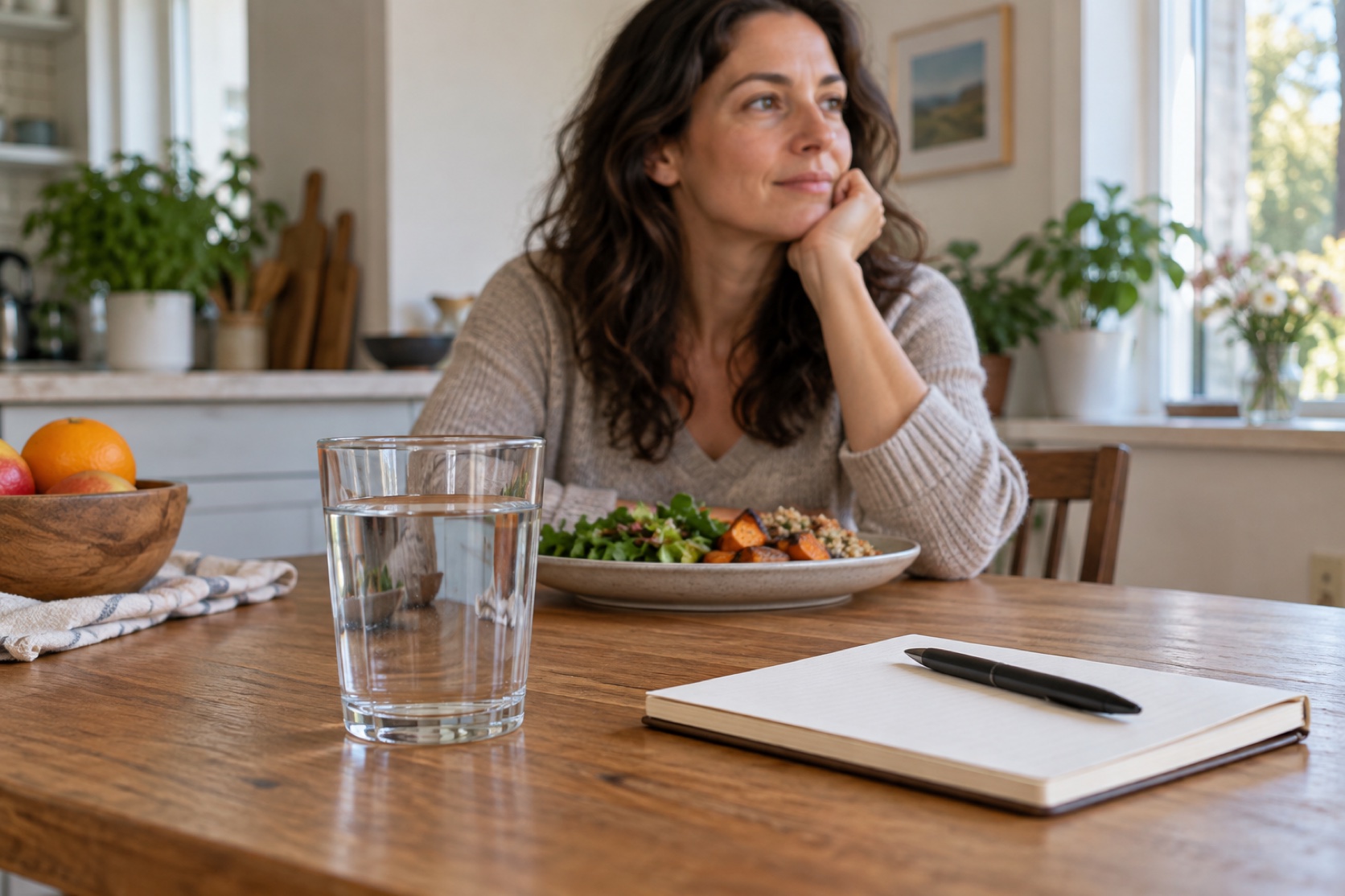 A glass of water and blank notebook sit on a kitchen table.