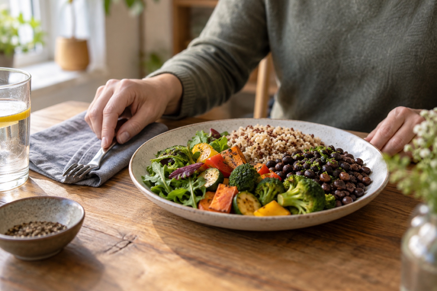 A simple plate of beans, vegetables, and whole grains sits on a home table.
