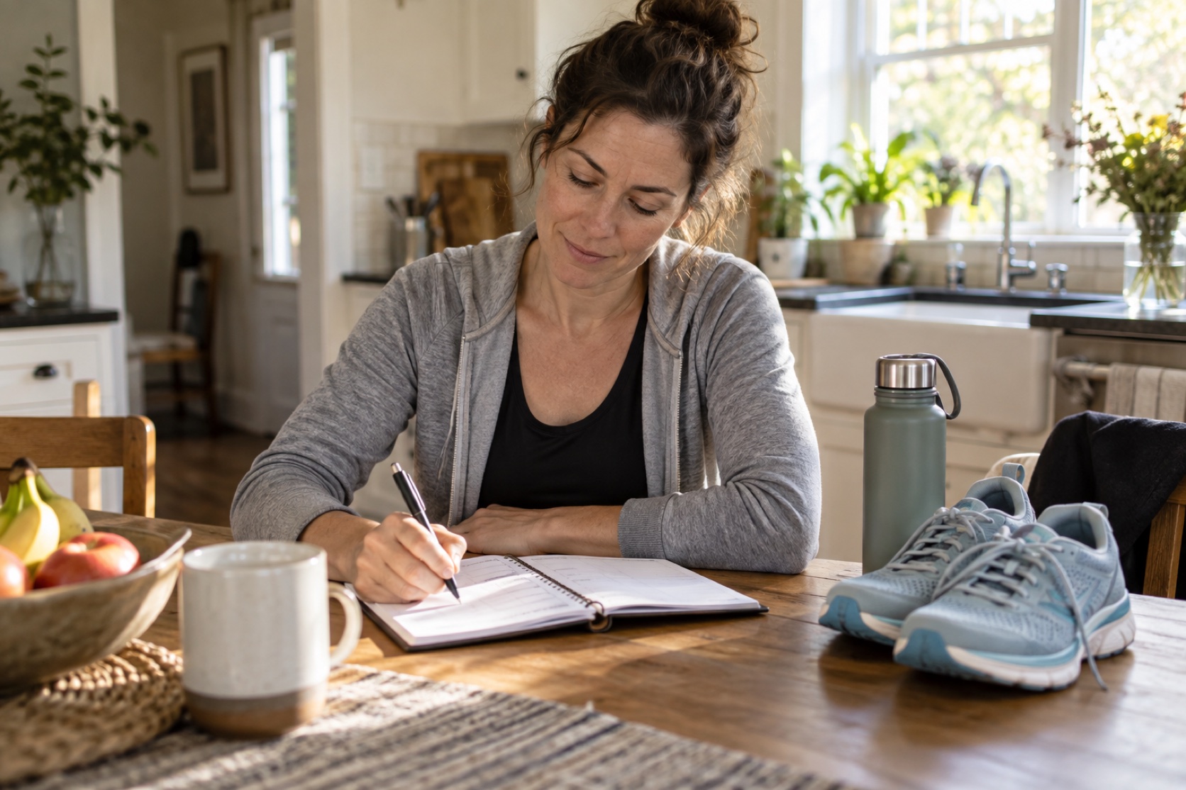 A woman writes in an unmarked paper planner beside walking shoes.