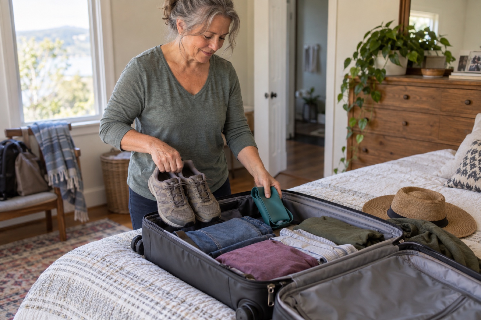 A traveler packs walking shoes and a resistance band into a suitcase.
