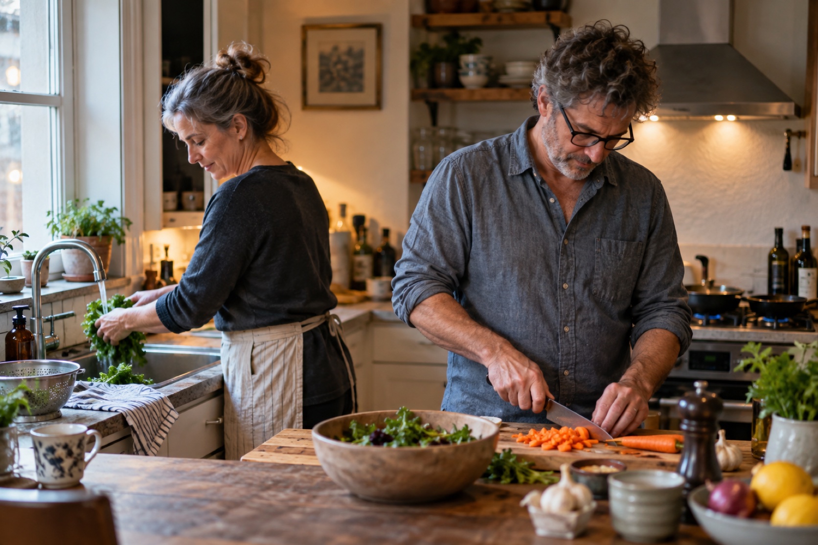 Two adults prepare dinner together in a home kitchen.