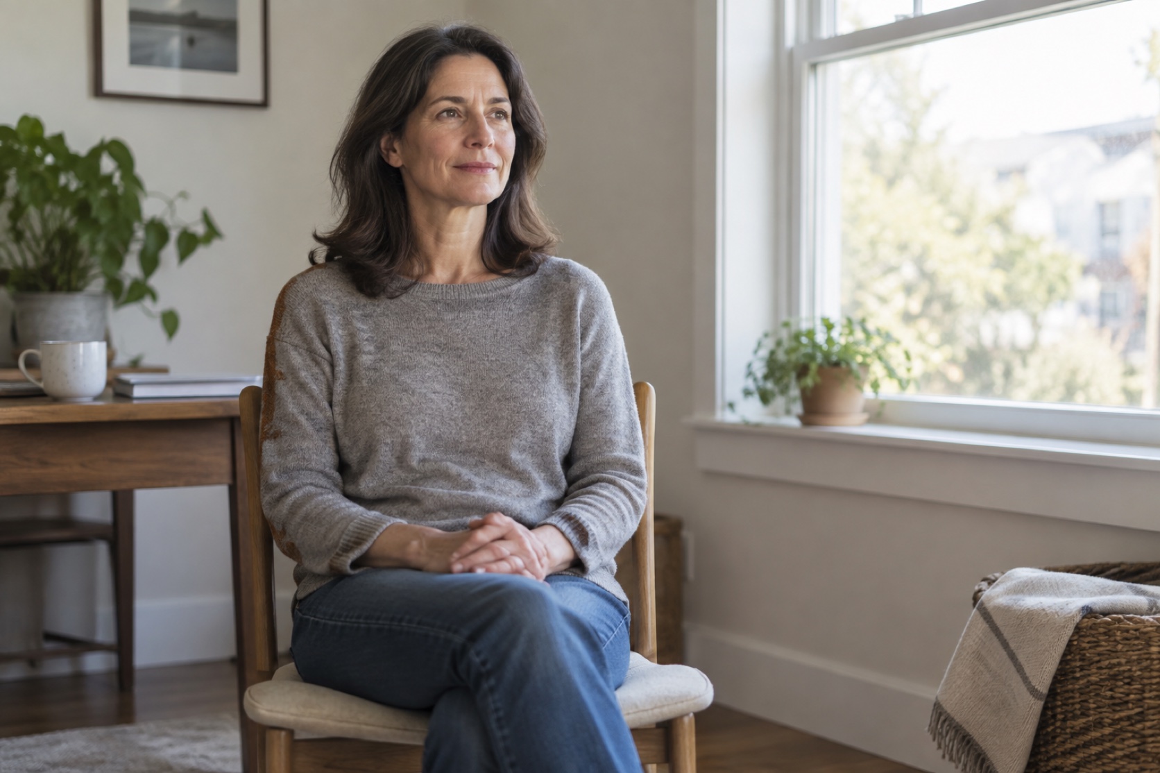 A woman sits comfortably on a chair near a bright window.