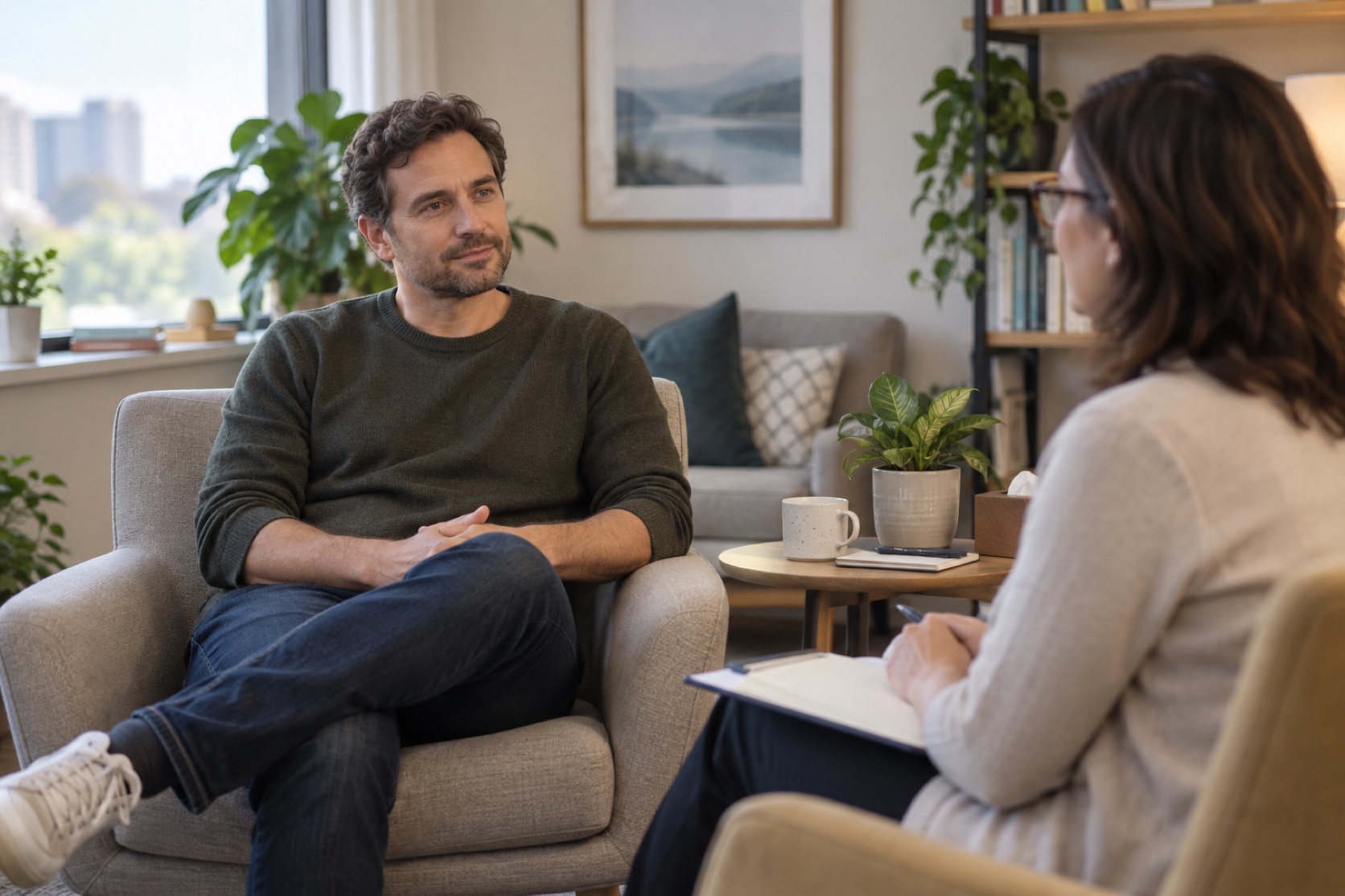 A man talks with a mental-health professional in a calm office.