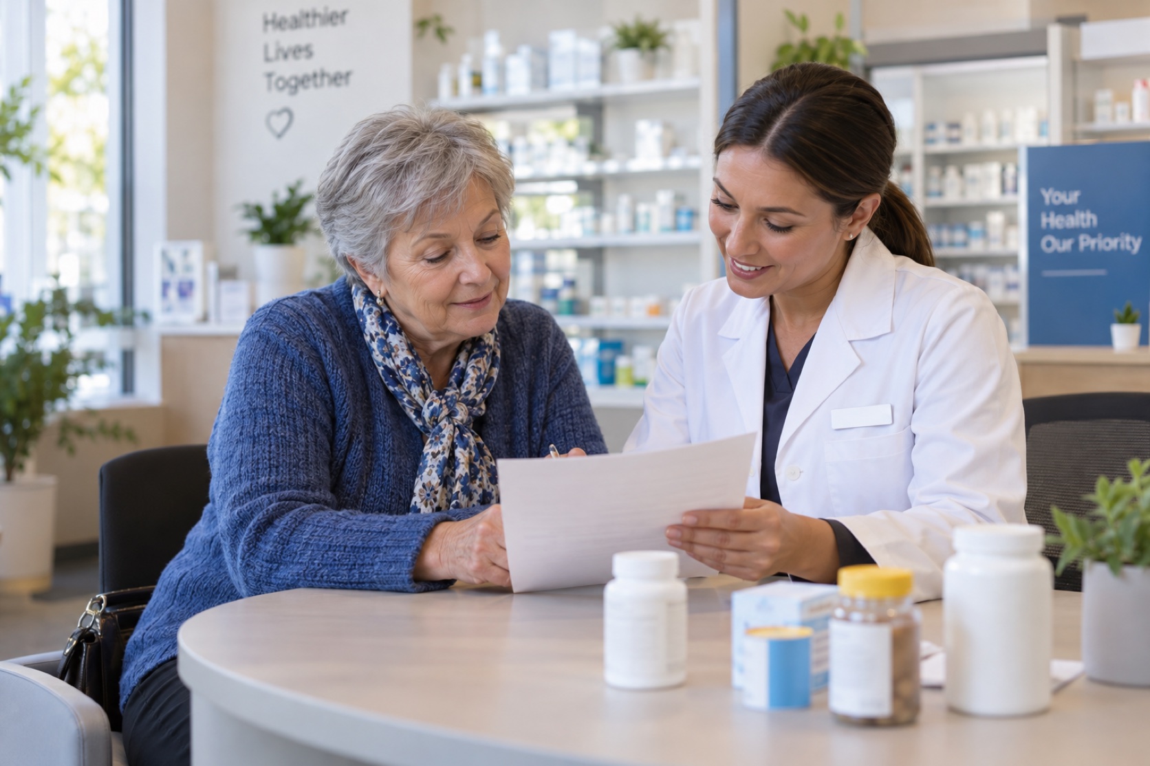 An older woman and pharmacist review generic containers and a blank list.