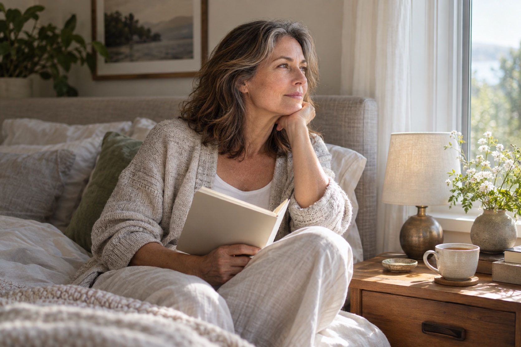 A woman sits by a bedroom window with a journal and tea.
