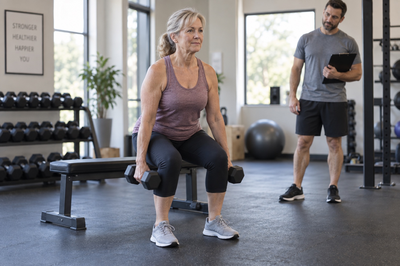 A woman performs a controlled squat to a bench with light dumbbells.