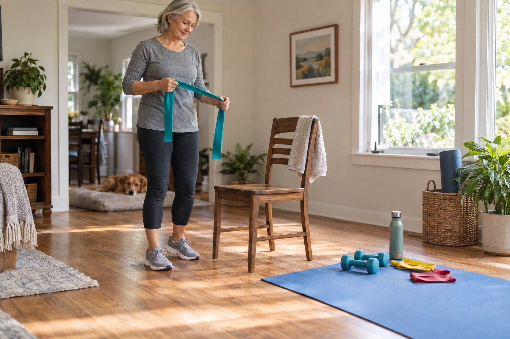 A woman uses a resistance band in a small home exercise space.