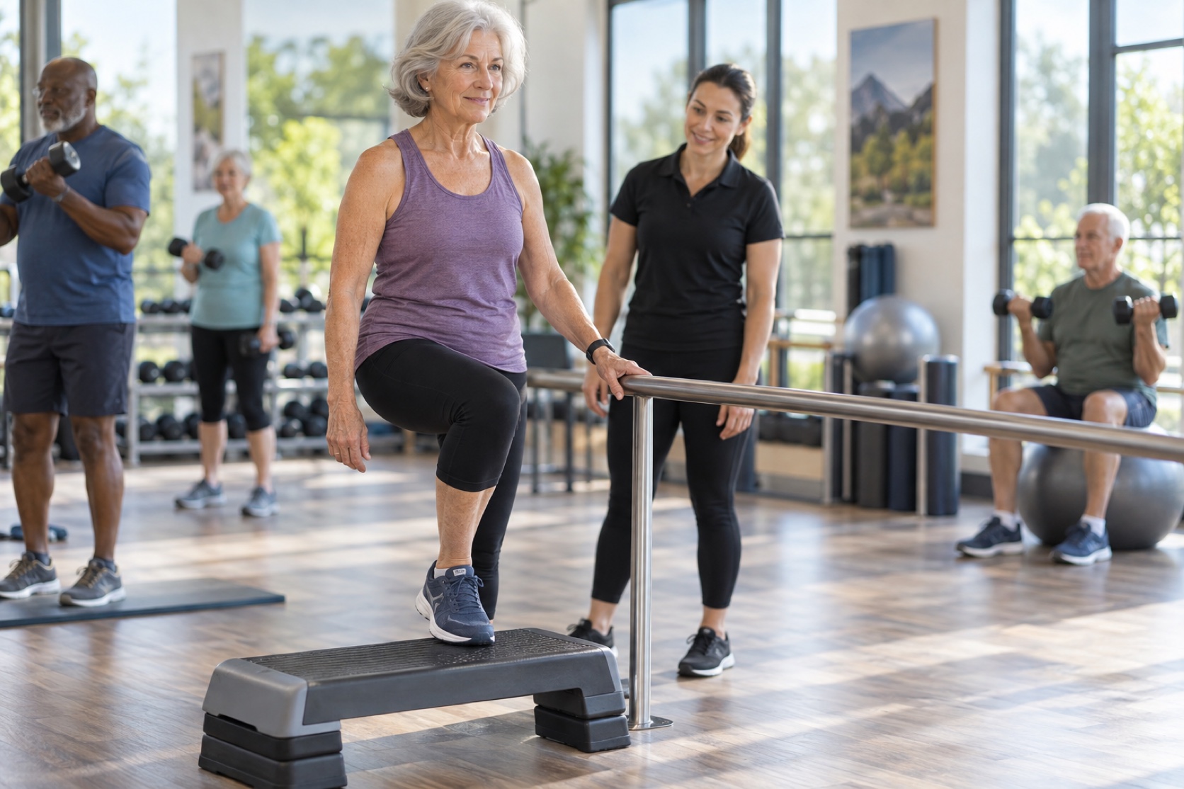 A woman practices a low step-up near a stable handrail.