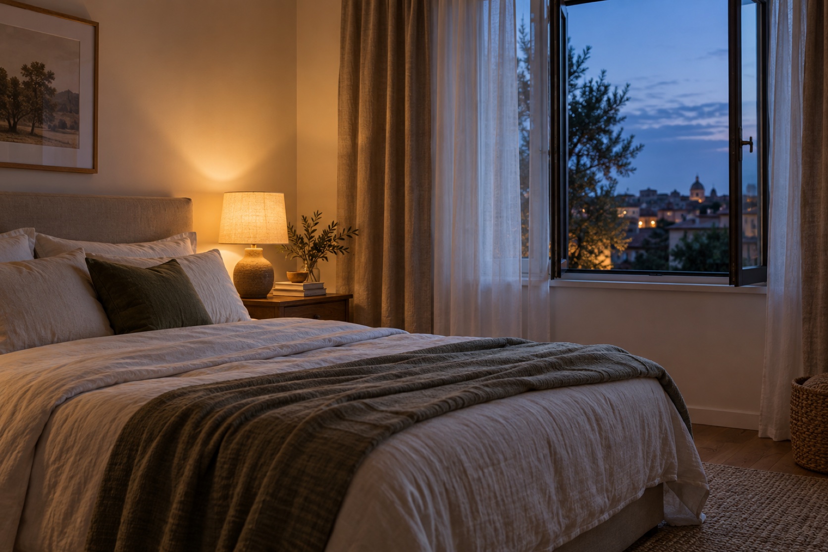 A quiet bedroom has curtains, a bedside lamp, and an open window.