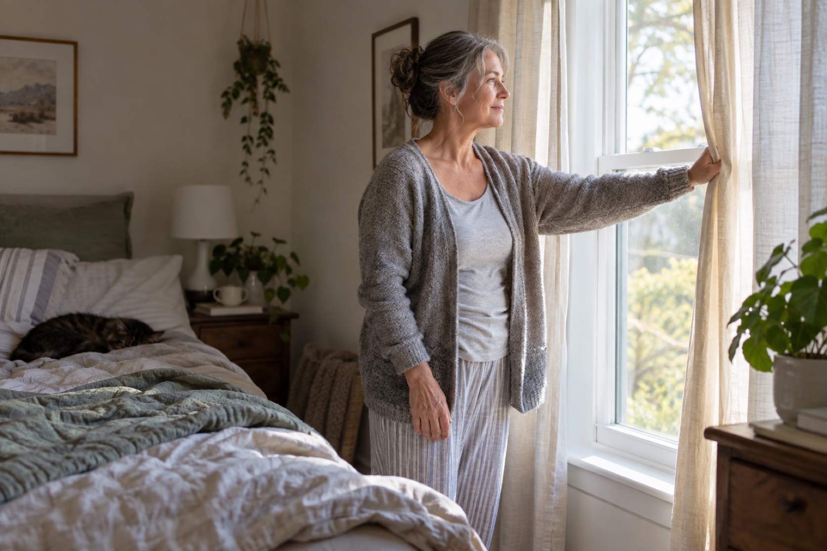 A woman opens bedroom curtains to soft morning light.