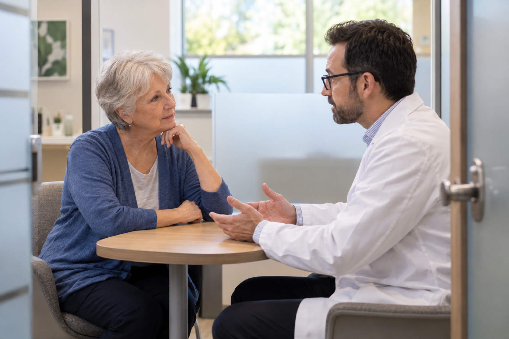 An older woman speaks with a pharmacist in a private consultation space.