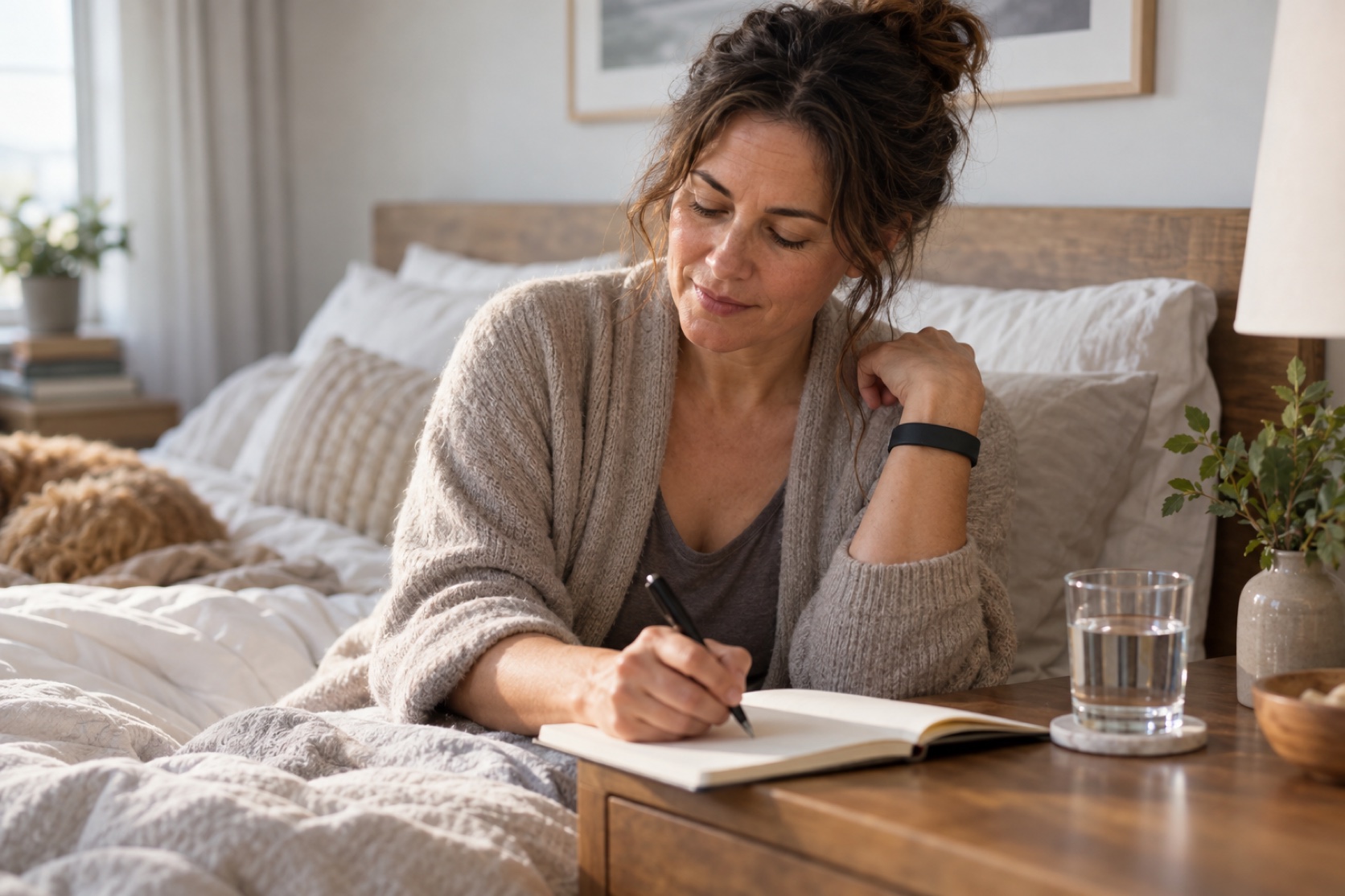 A woman writes in a bedside journal in the morning; the wearable display is not visible.