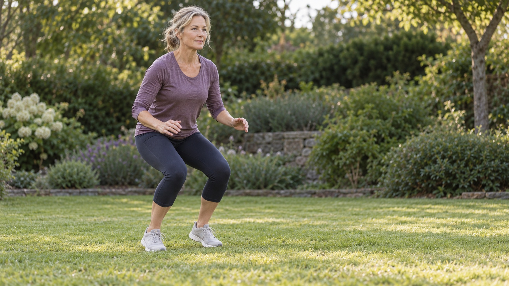 A woman lands softly from a small hop on an ordinary lawn, knees bent.