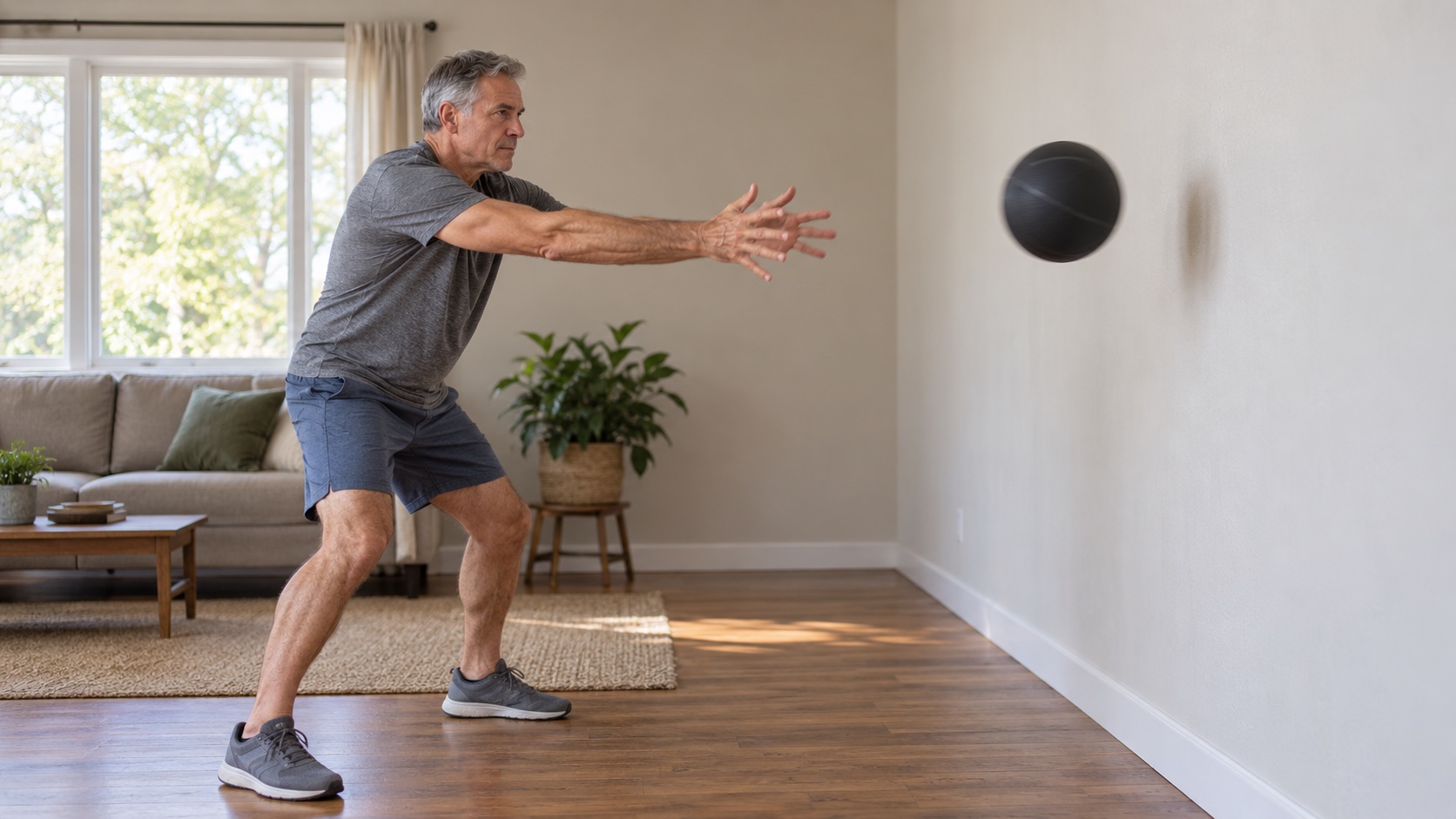 A man in his late fifties throws a small medicine ball against a wall in a plain room.