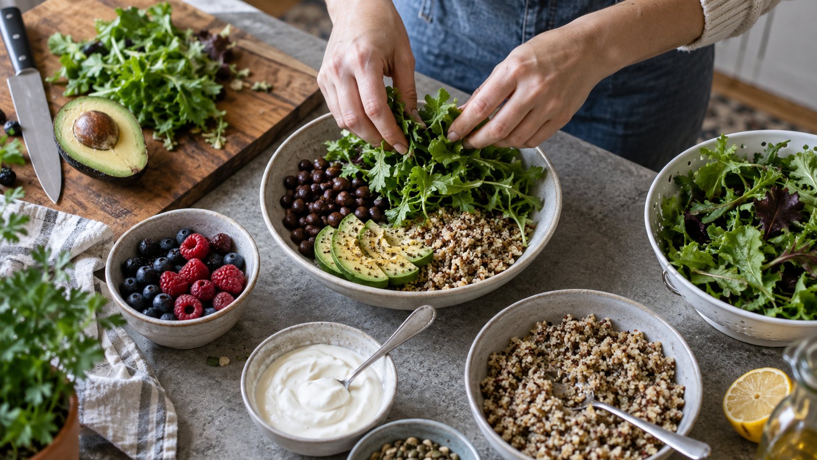 Hands prepare beans, greens, whole grains, yogurt, and berries in a home kitchen.
