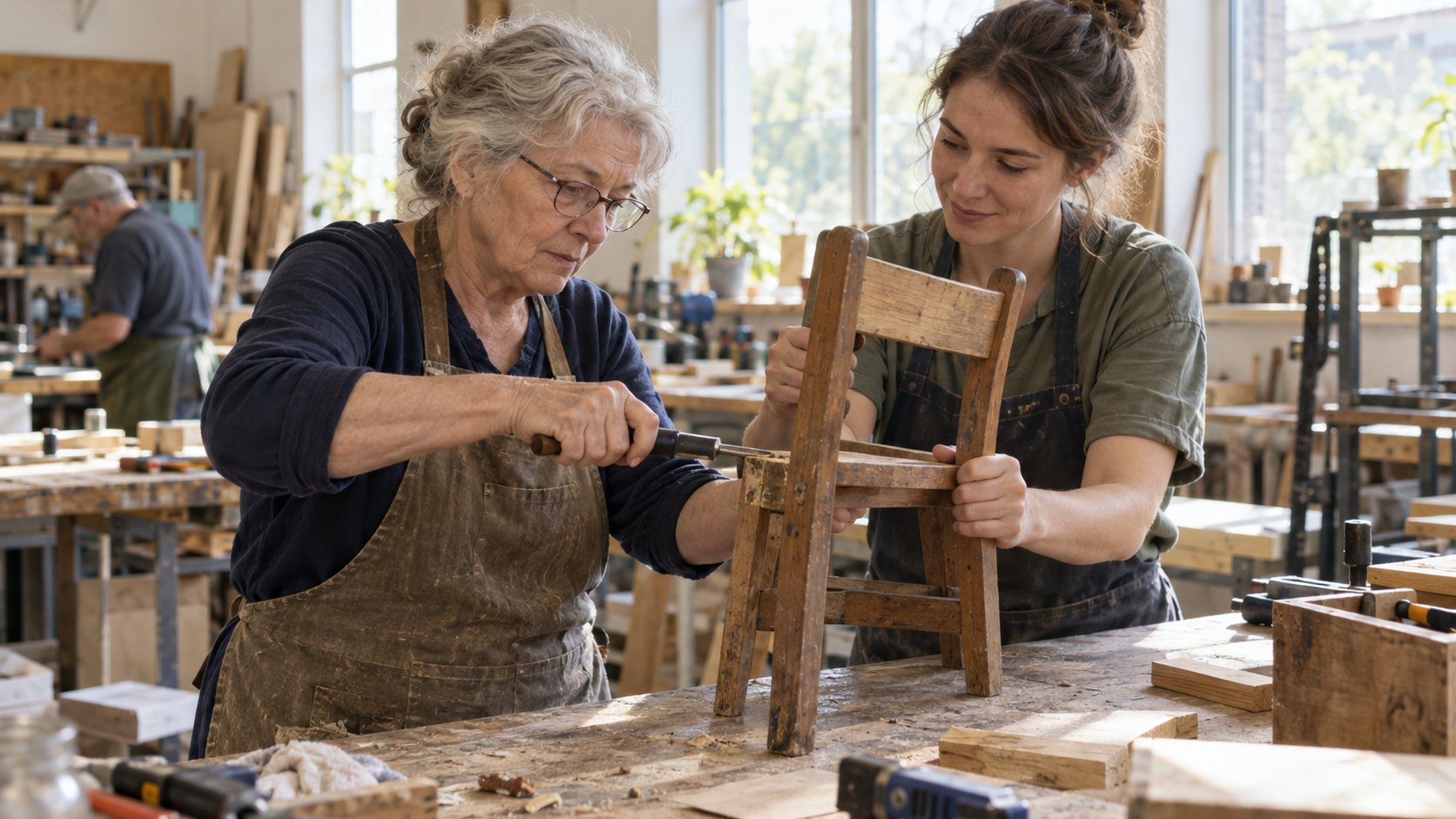 A retired woman repairs a small wooden chair alongside a younger adult in a workshop.