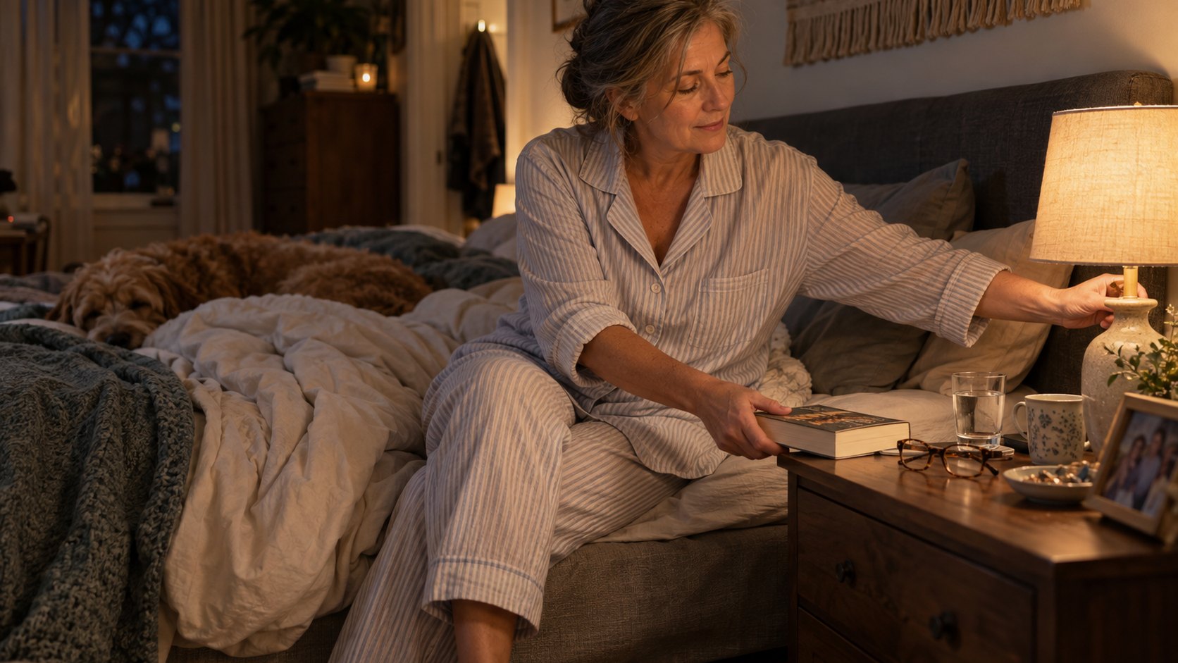 A woman sets a book beside her bed and dims a lamp in an ordinary bedroom.