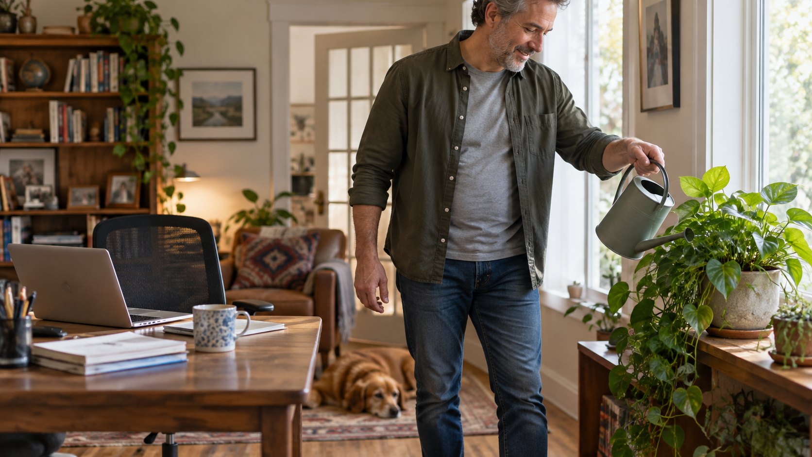 A man stands from his home-office desk to water a nearby plant.