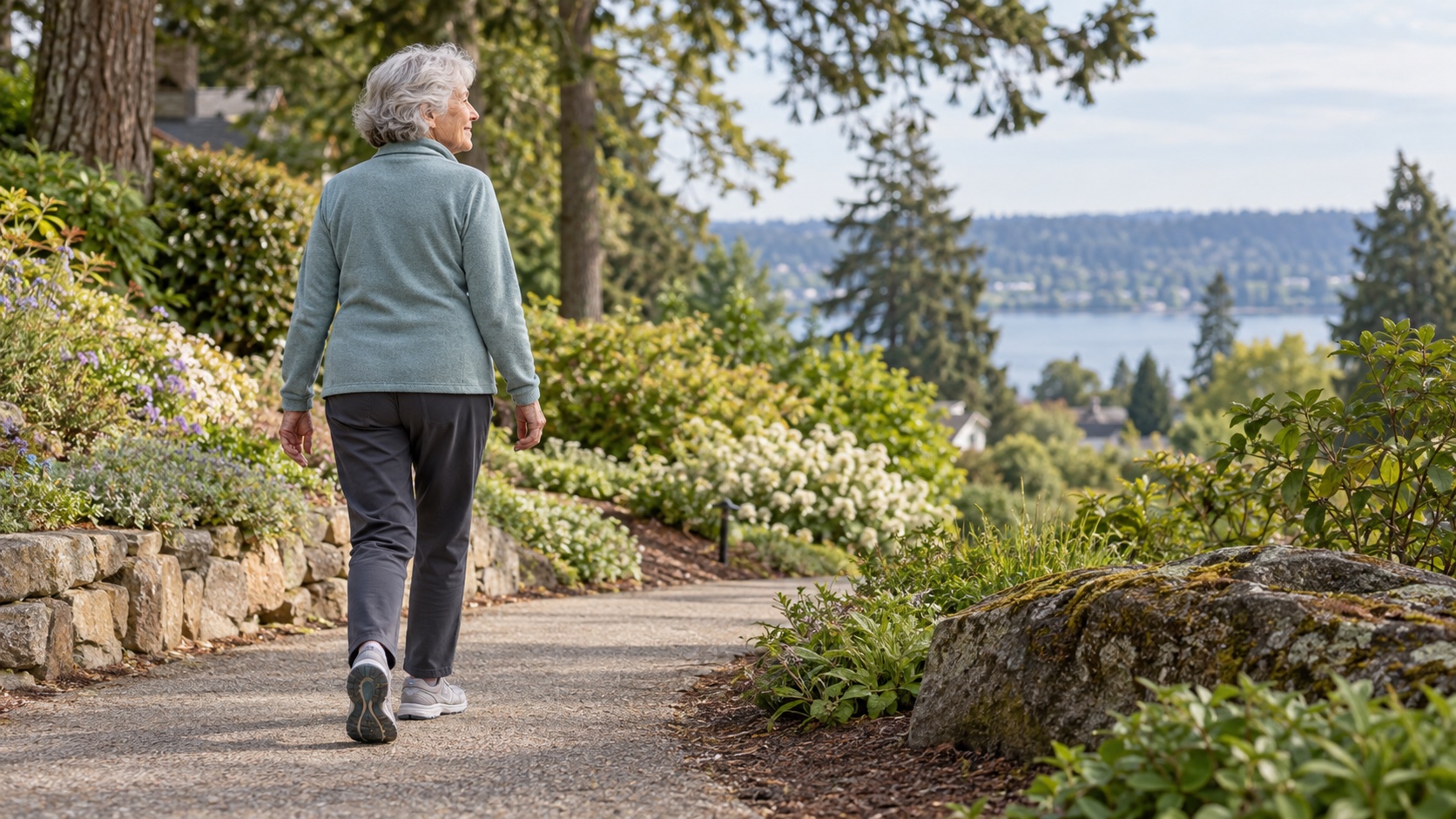 An older woman walks along a quiet garden path in the morning.