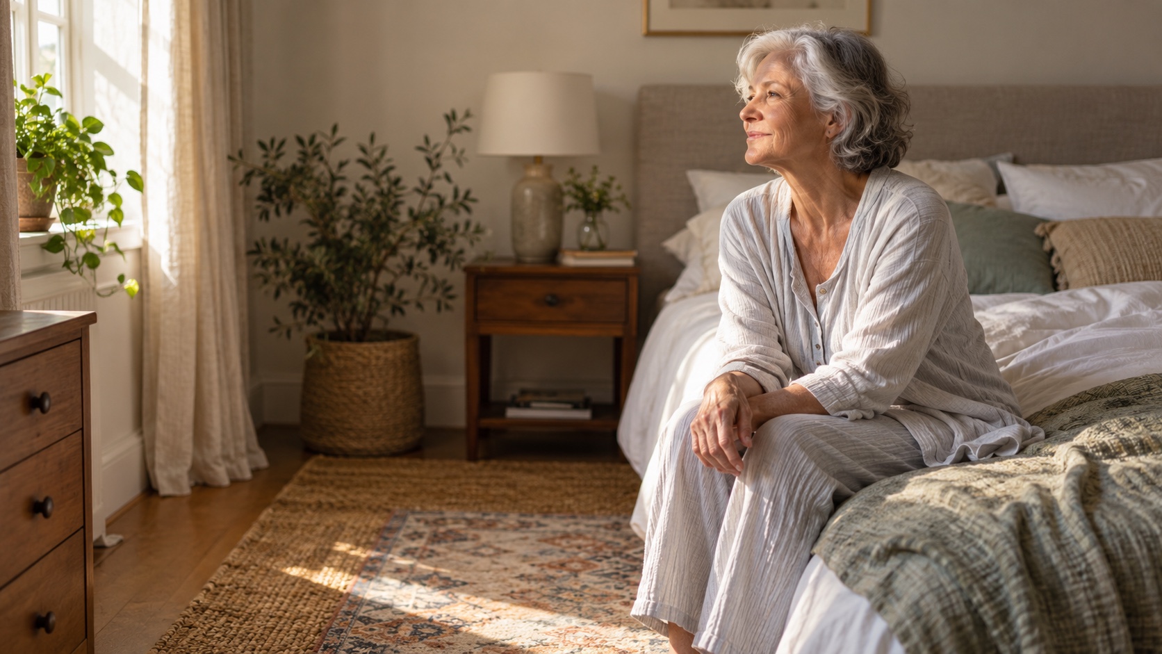 An older woman sits on the edge of her bed in the morning, looking toward a sunlit window.