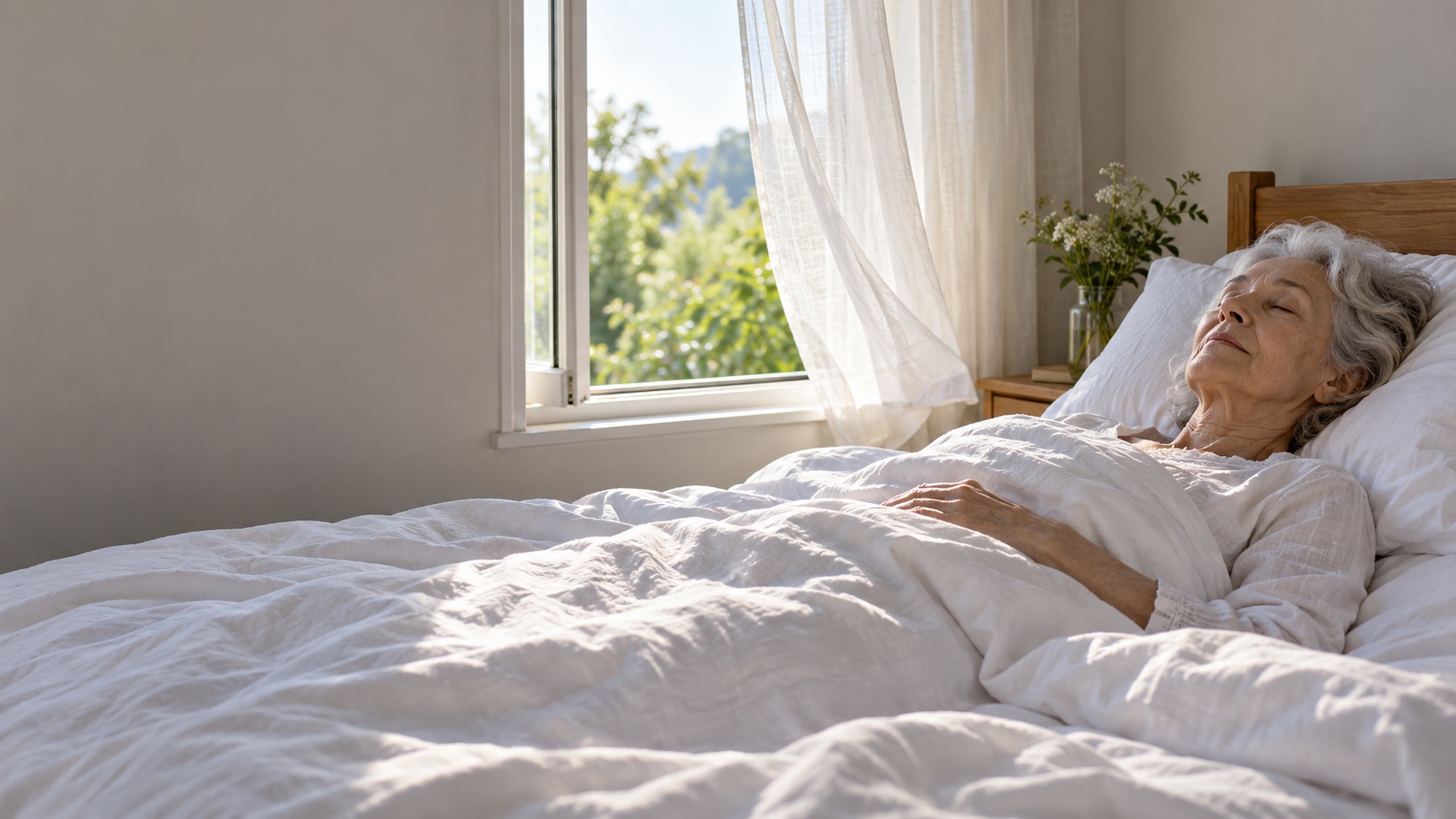 An older woman sleeps peacefully in a bright room with the window open a few centimeters.