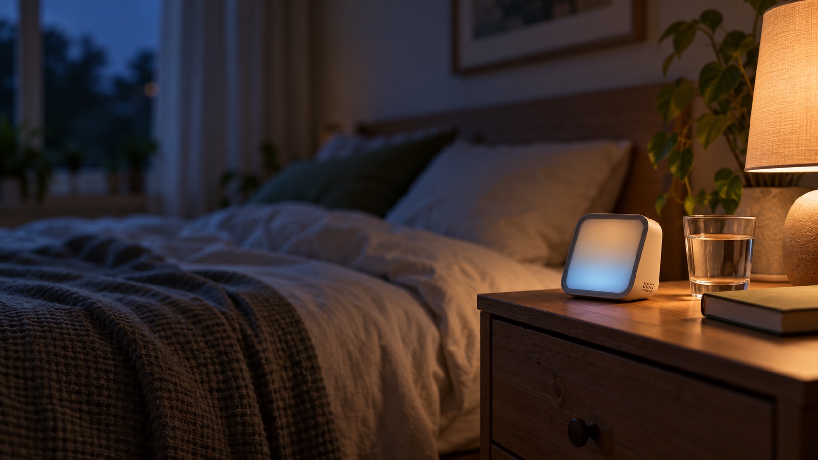A small air monitor glows on a wooden nightstand beside a glass of water in a dim bedroom.