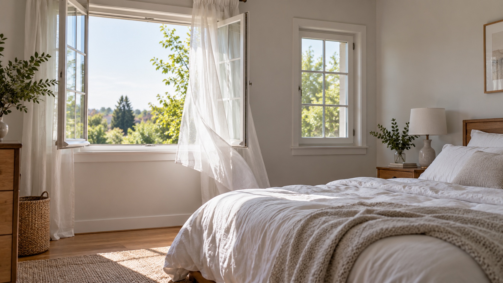 A bedroom window stands open with a curtain lifting in the breeze beside a second closed window.
