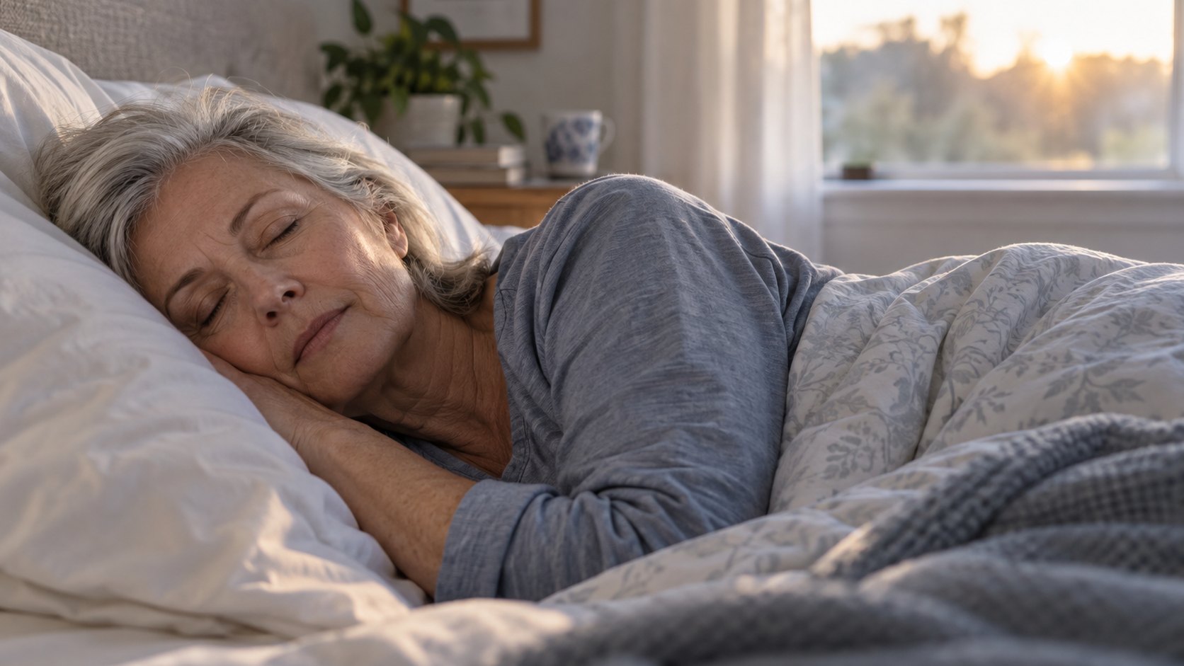 An older woman sleeps on her side in a quiet bedroom in the early morning.