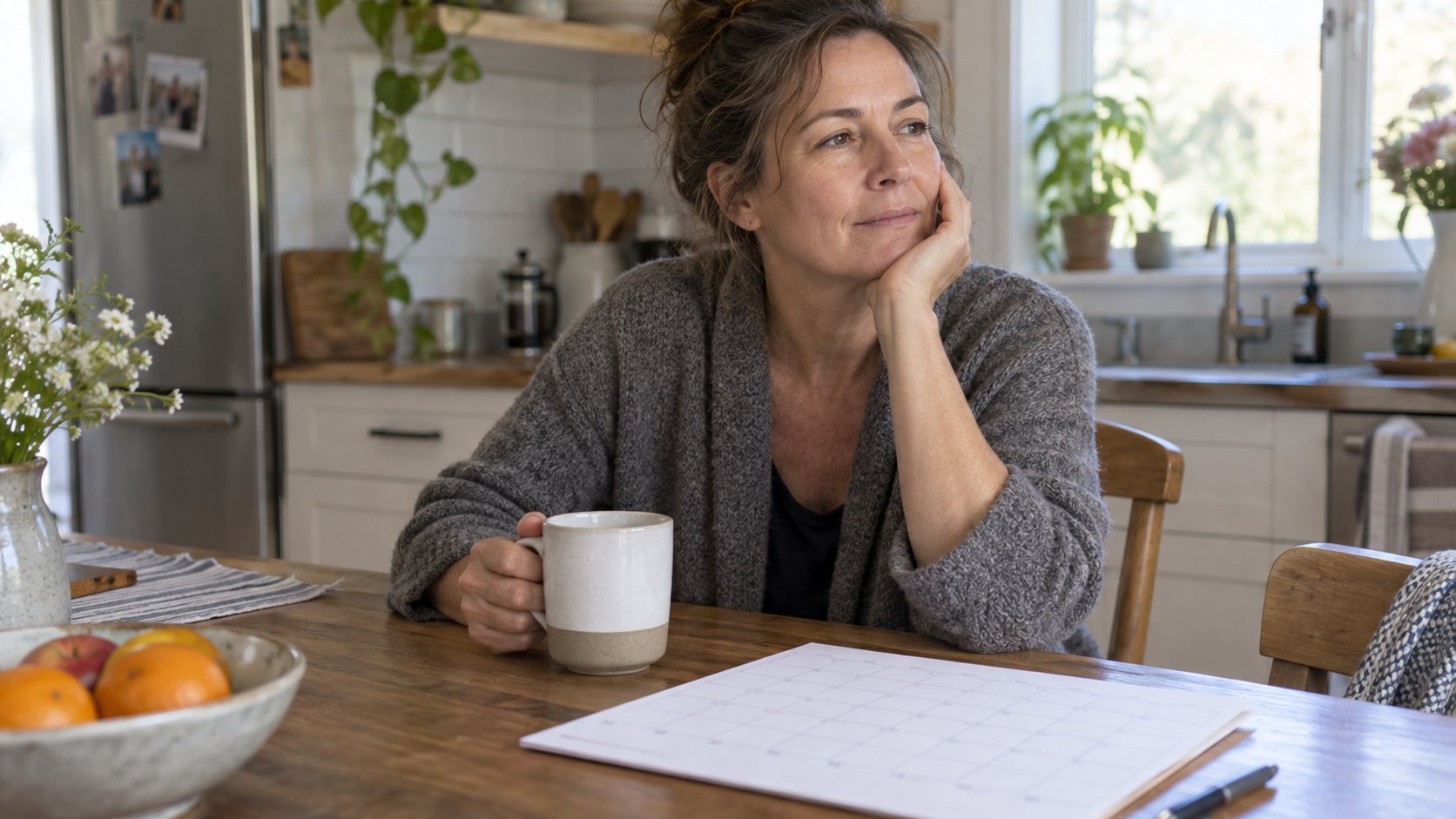 A woman sits at her kitchen table on a weekend morning with a mug and a blank calendar.