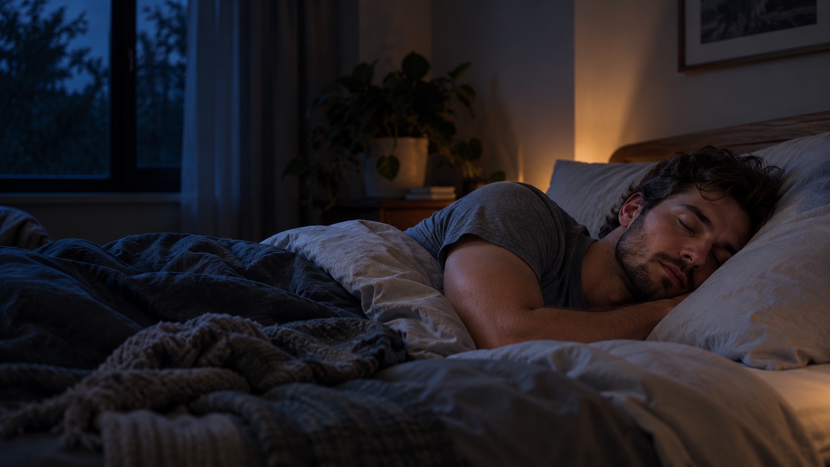 A young adult man sleeps on his side in a quiet bedroom at night.