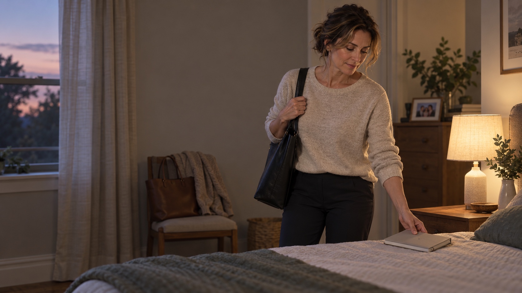 A woman in midlife sets down a notebook in her bedroom at dusk after coming home.