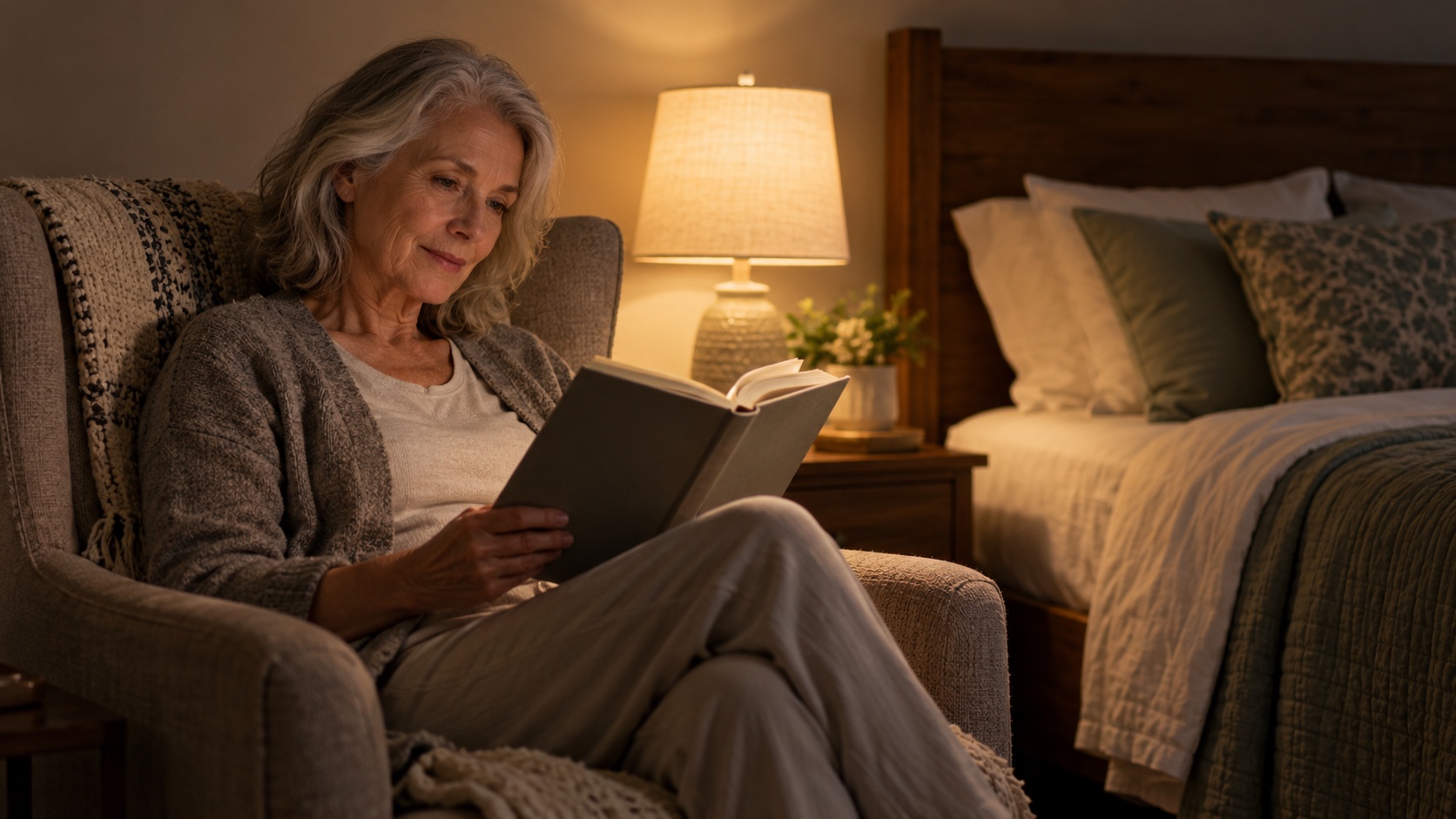 An older woman reads in an armchair beside her bed in the evening.